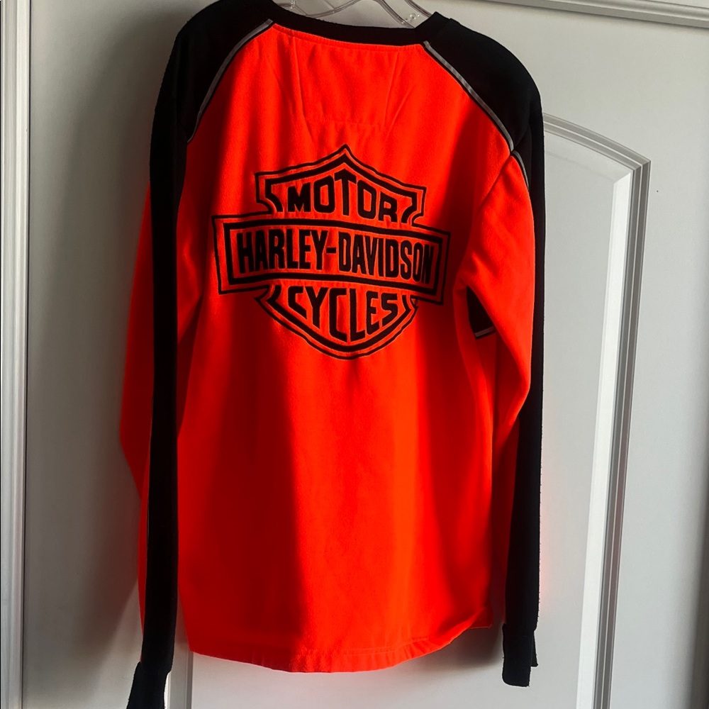 Harley Davidson, neon orange and blue V-neck pullover sweatshirt, size medium